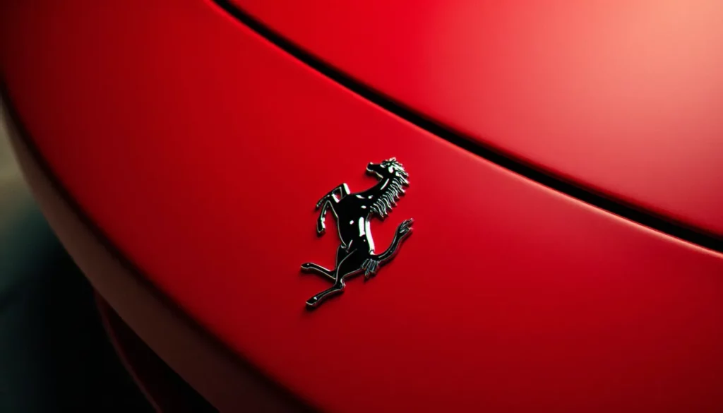 auto avec signe de cheval featured Badge cheval cabré chromé sur capot de voiture de sport rouge, emblème auto avec signe de cheval en gros plan