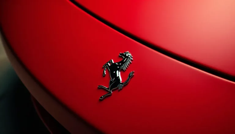 Badge cheval cabré chromé sur capot de voiture de sport rouge, emblème auto avec signe de cheval en gros plan