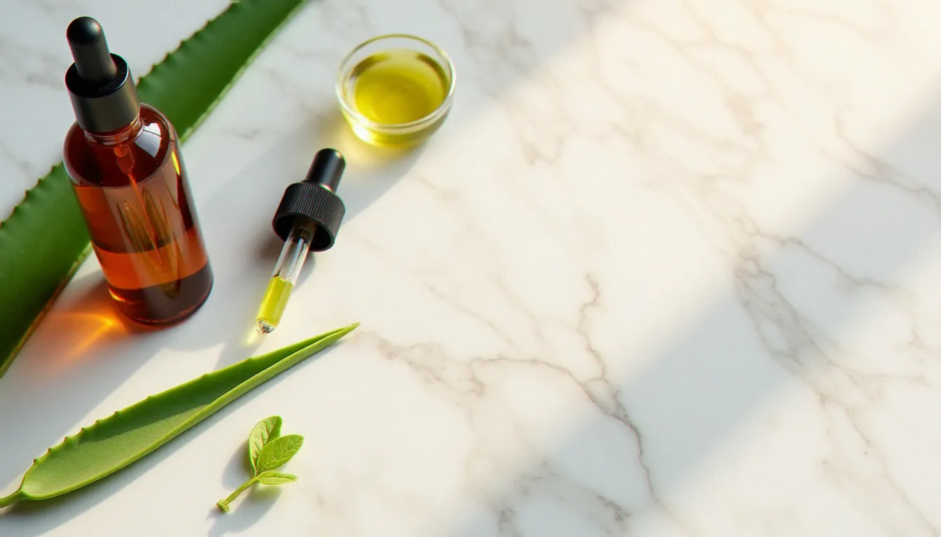 Ingrédients naturels pour auto bronzant visage : sérum à la DHA végétale, feuille d'aloe vera, huile de jojoba et extrait botanique sur marbre blanc