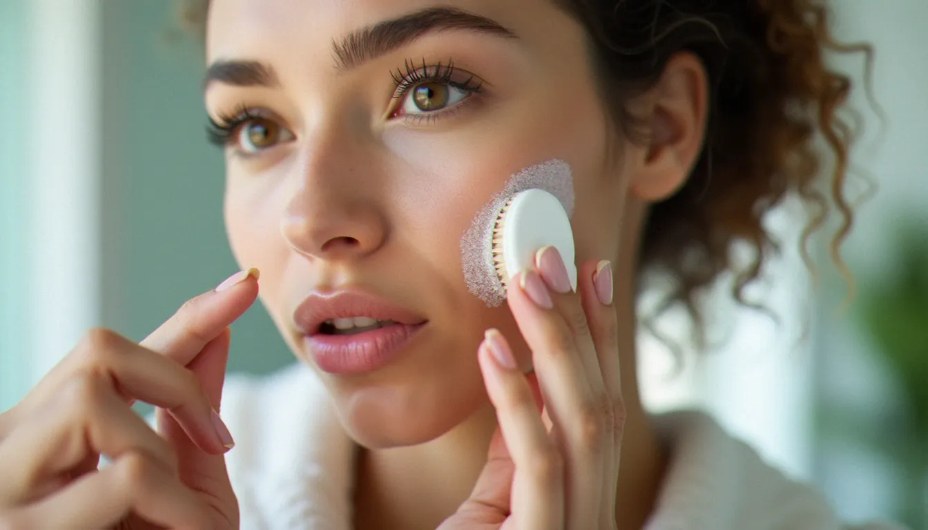 Protocole d'application d'un auto bronzant naturel visage en deux étapes : exfoliation douce puis hydratation ciblée sur les zones sensibles
