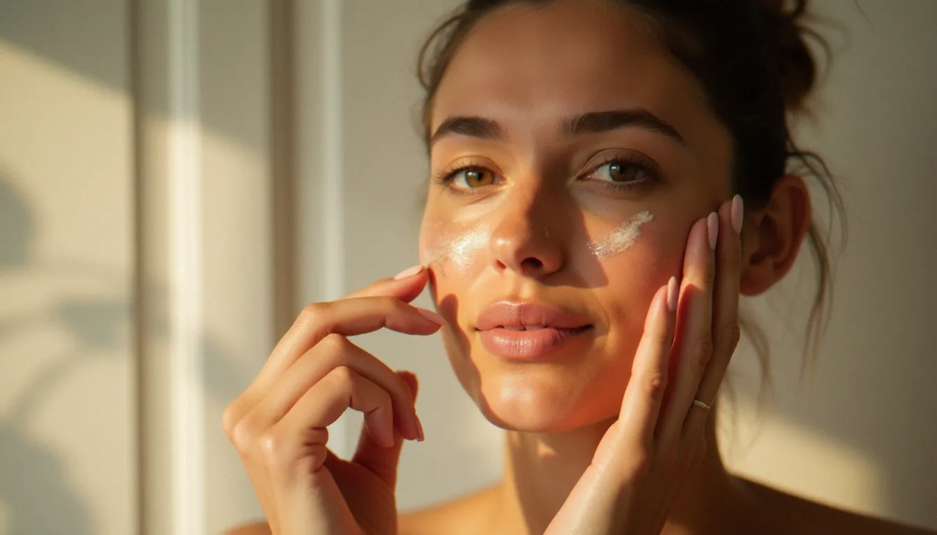 Femme appliquant un auto bronzant naturel visage du bout des doigts sur une peau lumineuse et dorée, lumière naturelle douce