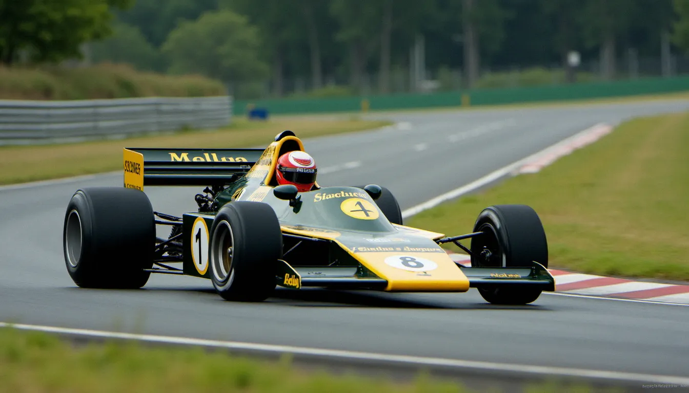 Lotus 79 de 1978 pionnière de l'effetto suolo en F1 avec jupes latérales visibles en action sur circuit