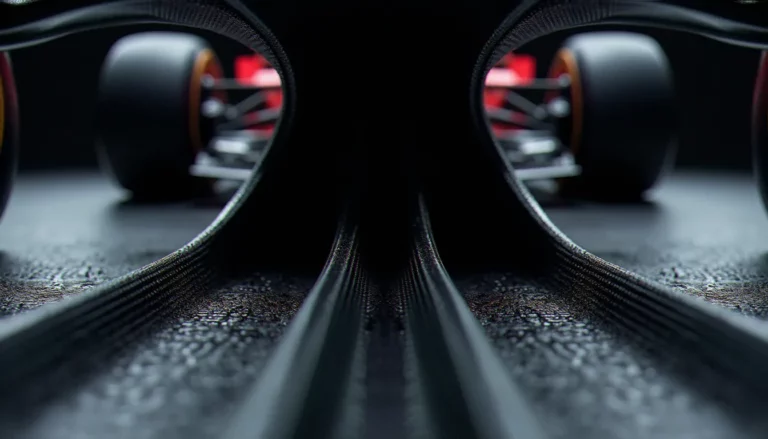 Soubassement d'une auto F1 à effet de sol avec tunnels venturi et diffuseur en fibre de carbone illustrant l'effetto suolo F1