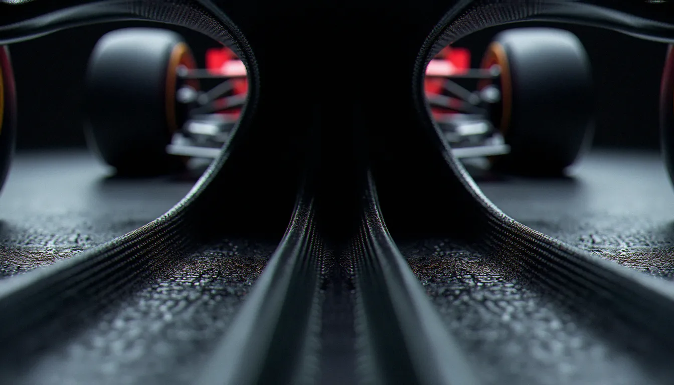 Soubassement d'une auto F1 à effet de sol avec tunnels venturi et diffuseur en fibre de carbone illustrant l'effetto suolo F1