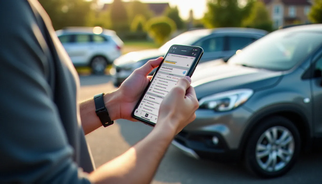Acheteur consultant l'historique d'un véhicule d'occasion sur smartphone avant de l'acheter chez un revendeur auto en Seine-Saint-Denis