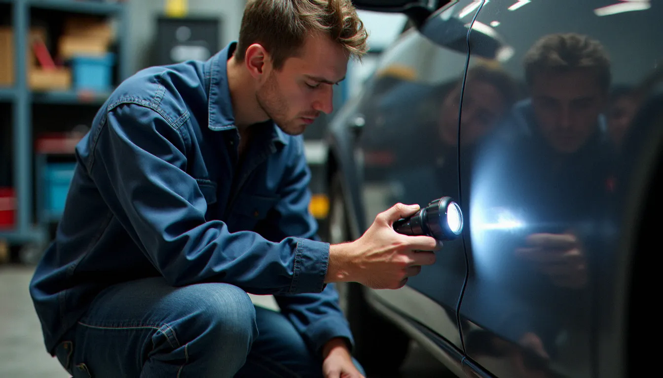 Inspection minutieuse d'un panneau de carrosserie avec lampe LED pour détecter une reprise de peinture sur un véhicule d'occasion