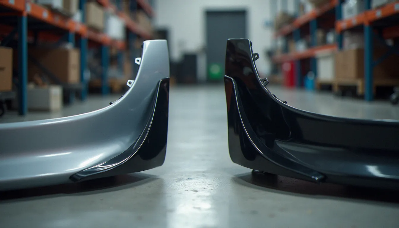 Comparaison côte à côte d'une jupe latérale OEM et d'une jupe aftermarket styling posées sur le sol d'un atelier, illustrant les différences de profil entre les deux types de pièces carrosserie