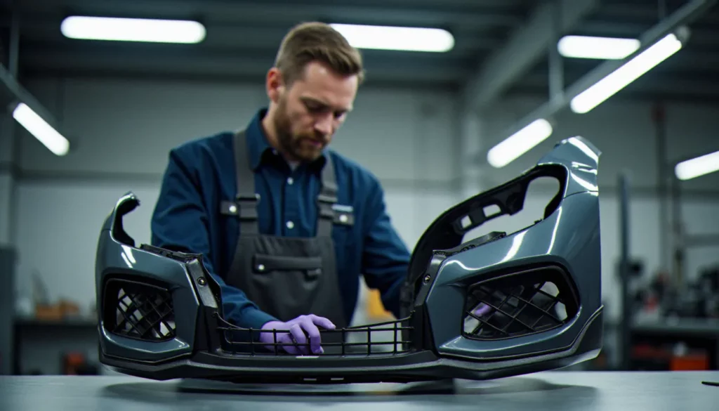 auto meilleur ltee featured Mécanicien inspectant une pièce de carrosserie type pare-chocs avant dans un atelier automobile professionnel, en lien avec le choix d'un fournisseur comme Auto Meilleur Ltée