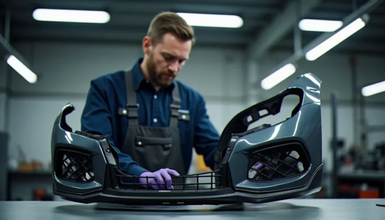 Mécanicien inspectant une pièce de carrosserie type pare-chocs avant dans un atelier automobile professionnel, en lien avec le choix d'un fournisseur comme Auto Meilleur Ltée