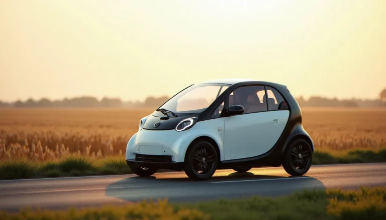 Une auto sans permis électrique garée sur une route départementale en Seine-et-Marne, entourée de champs de blé sous la lumière matinale