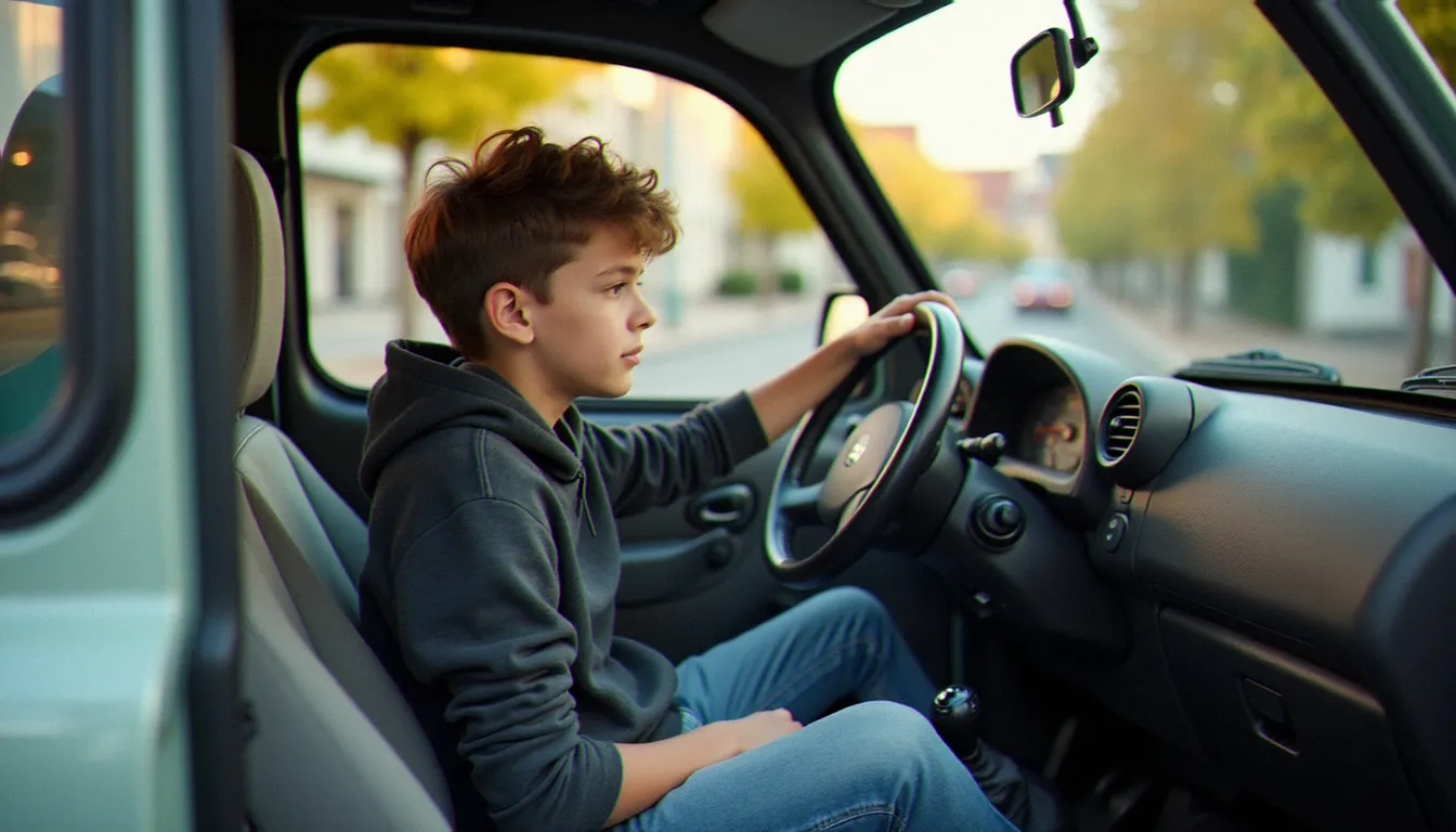 Un jeune conducteur de 14 ans installé au volant d'une voiturette, tableau de bord visible, dans un cadre périurbain