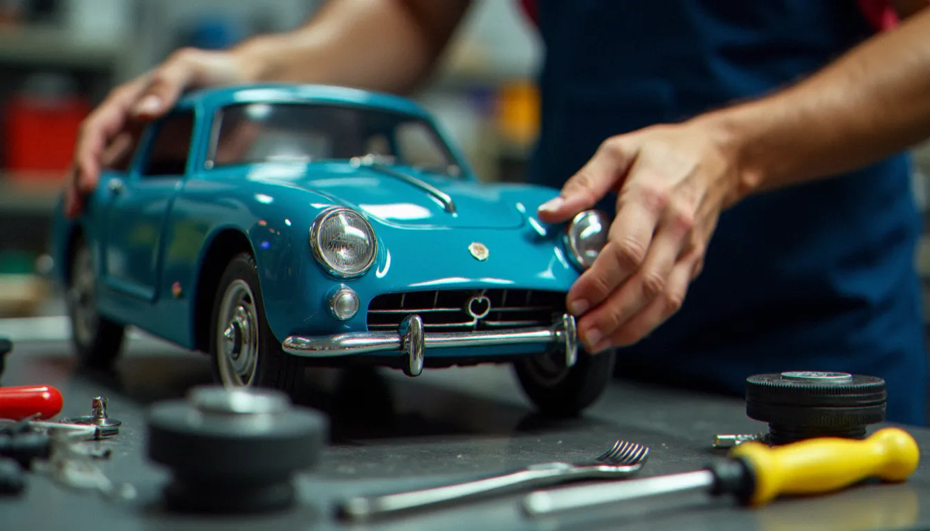 Remplacement d'un panneau de carrosserie sur une voiturette dans un atelier, mains du mécanicien et pièces de rechange visibles