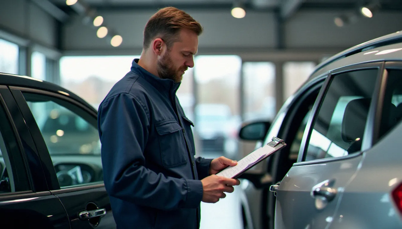 Expert automobile inspectant la carrosserie d'un véhicule d'occasion lors d'une évaluation de reprise chez un concessionnaire français