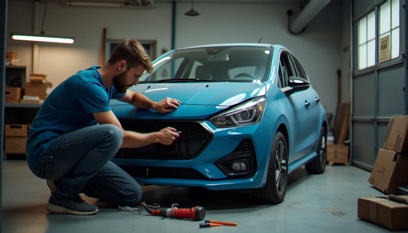Remplacement d'un pare-chocs avant par un particulier dans un garage privé pour améliorer la valeur de revente d'une auto sans reprise