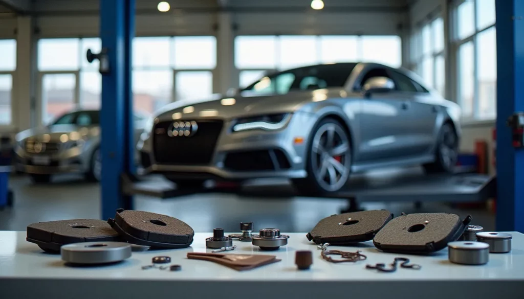 Audi A7 sur un élévateur avec des a7 auto pieces disposées sur une table d'atelier