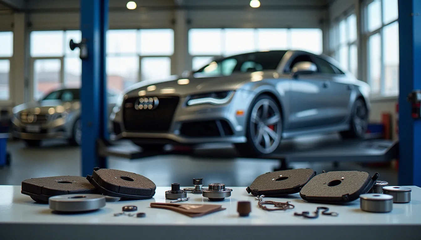 Audi A7 sur un élévateur avec des a7 auto pieces disposées sur une table d'atelier