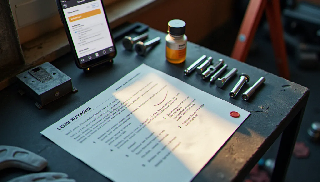 Table de travail de préparateur auto avec checklist imprimée, smartphone affichant un outil de planification, peinture métallisée et outillage, vue de dessus