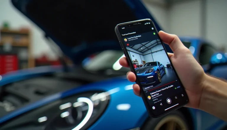 Smartphone affichant une vidéo TikTok de pose de spoiler avec la section commentaires visible, tenu au-dessus du capot ouvert d'une voiture dans un garage