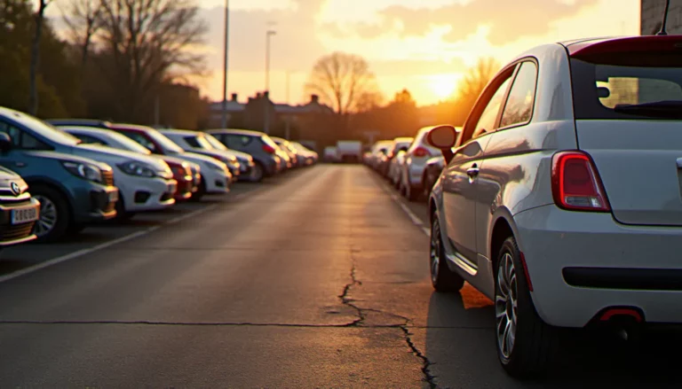 Auto France occasion stationnée sur un parc de véhicules d'occasion en lumière dorée, avec une aile arrière en cours de retouche carrosserie