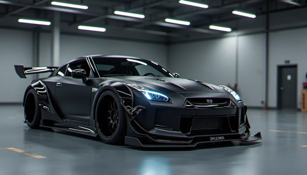 Voiture avec kit carrosserie personnalisé dans un garage bien éclairé, illustrant l'achat de auto pièces 24h/24 en ligne