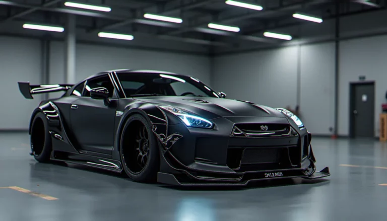 Voiture avec kit carrosserie personnalisé dans un garage bien éclairé, illustrant l'achat de auto pièces 24h/24 en ligne