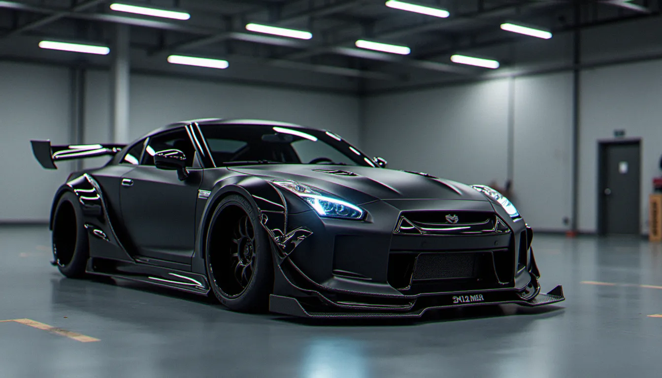 Voiture avec kit carrosserie personnalisé dans un garage bien éclairé, illustrant l'achat de auto pièces 24h/24 en ligne