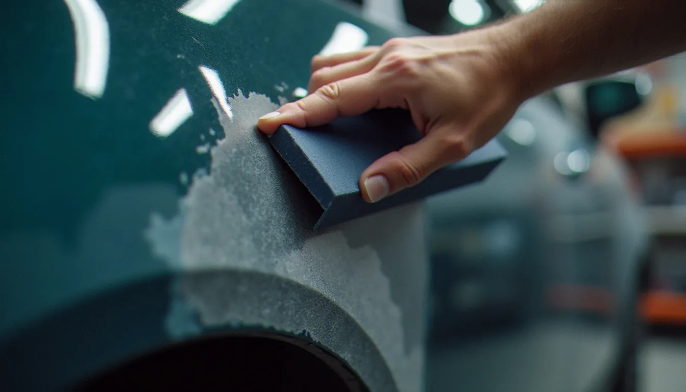 Réparation de carrosserie avec application de mastic et ponçage par un professionnel