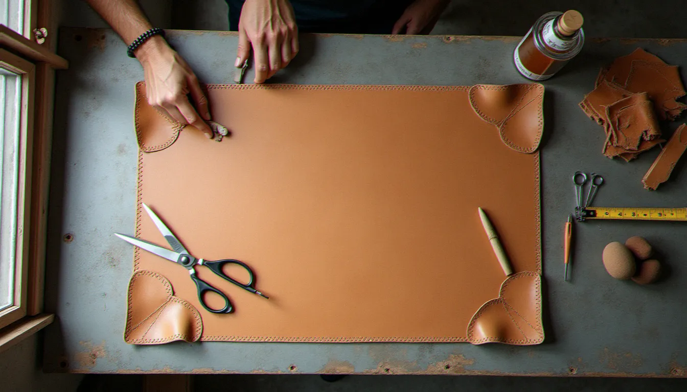 Un chamois naturel auto de 70 cm posé sur une table d'atelier à côté d'outils de découpe et d'une bouteille de tannage végétal