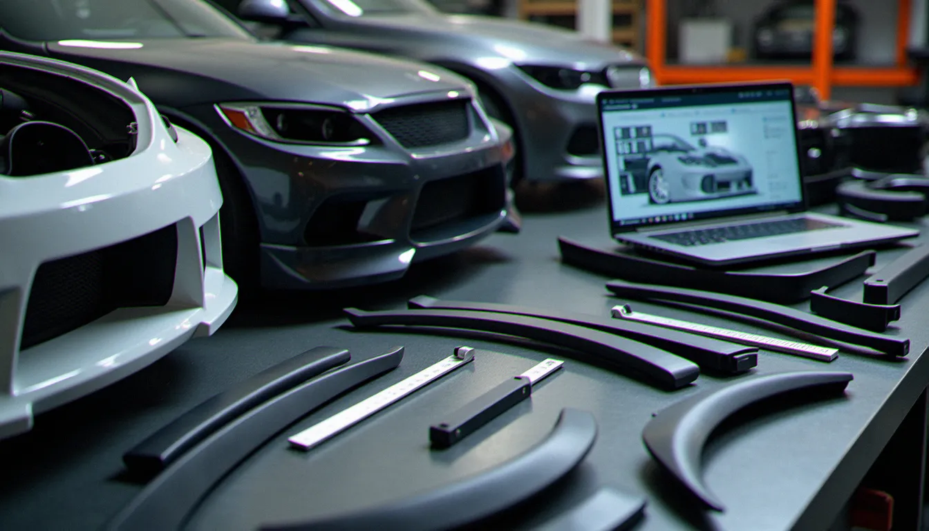 Pièces de carrosserie automobile sur un établi de garage