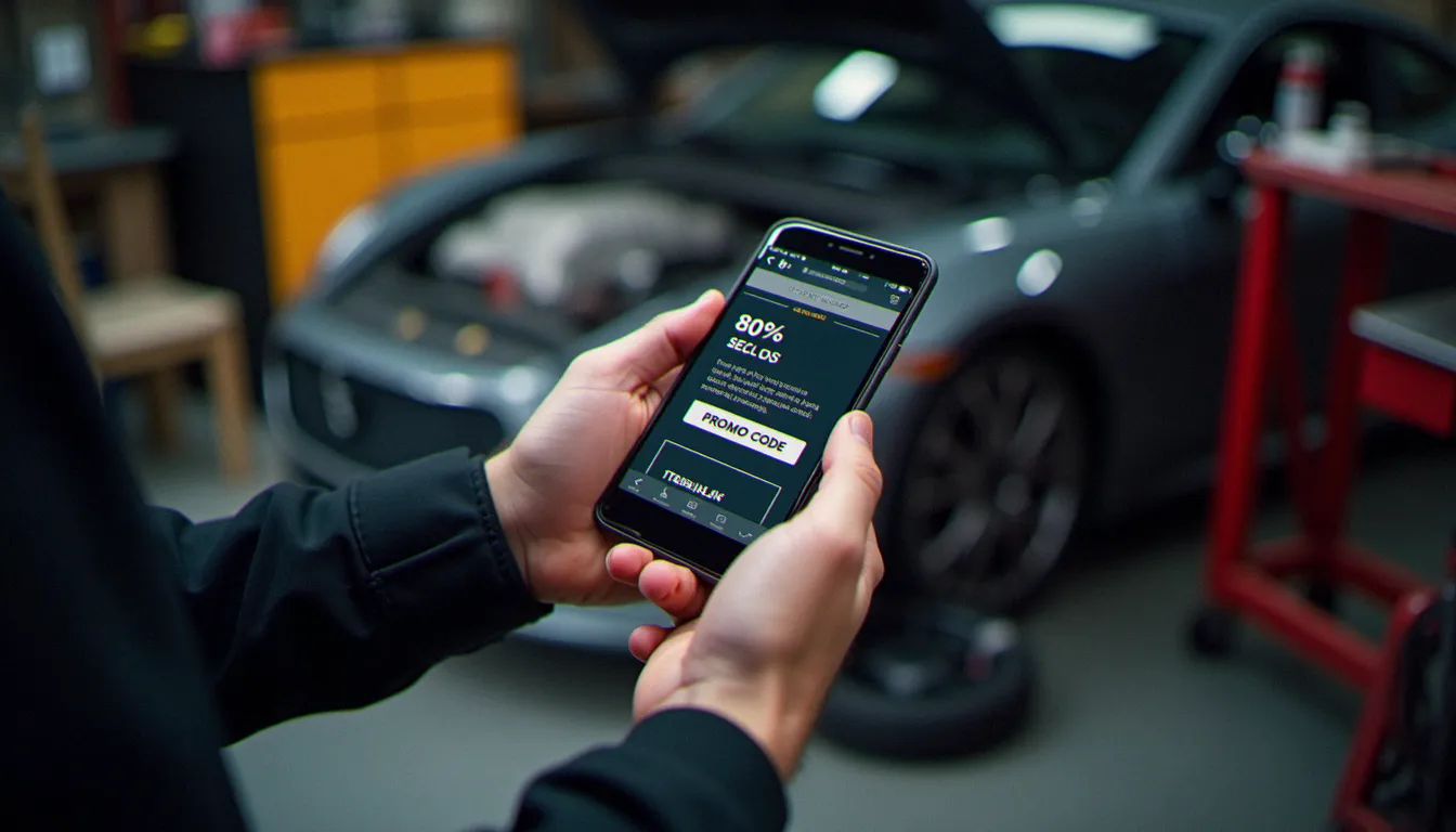 Main tenant un smartphone avec un code promo Autodoc dans un garage
