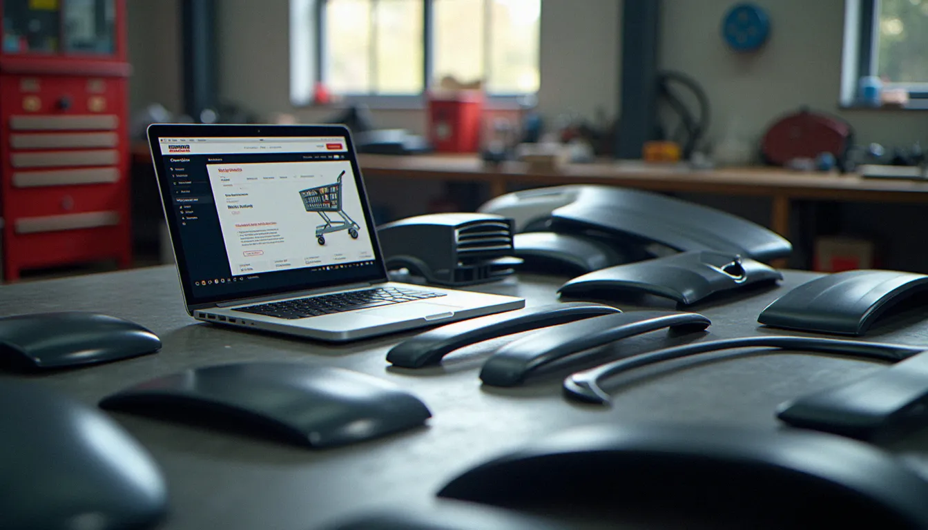 Pièces de carrosserie sur un établi avec un ordinateur portable montrant un panier d'achat en ligne