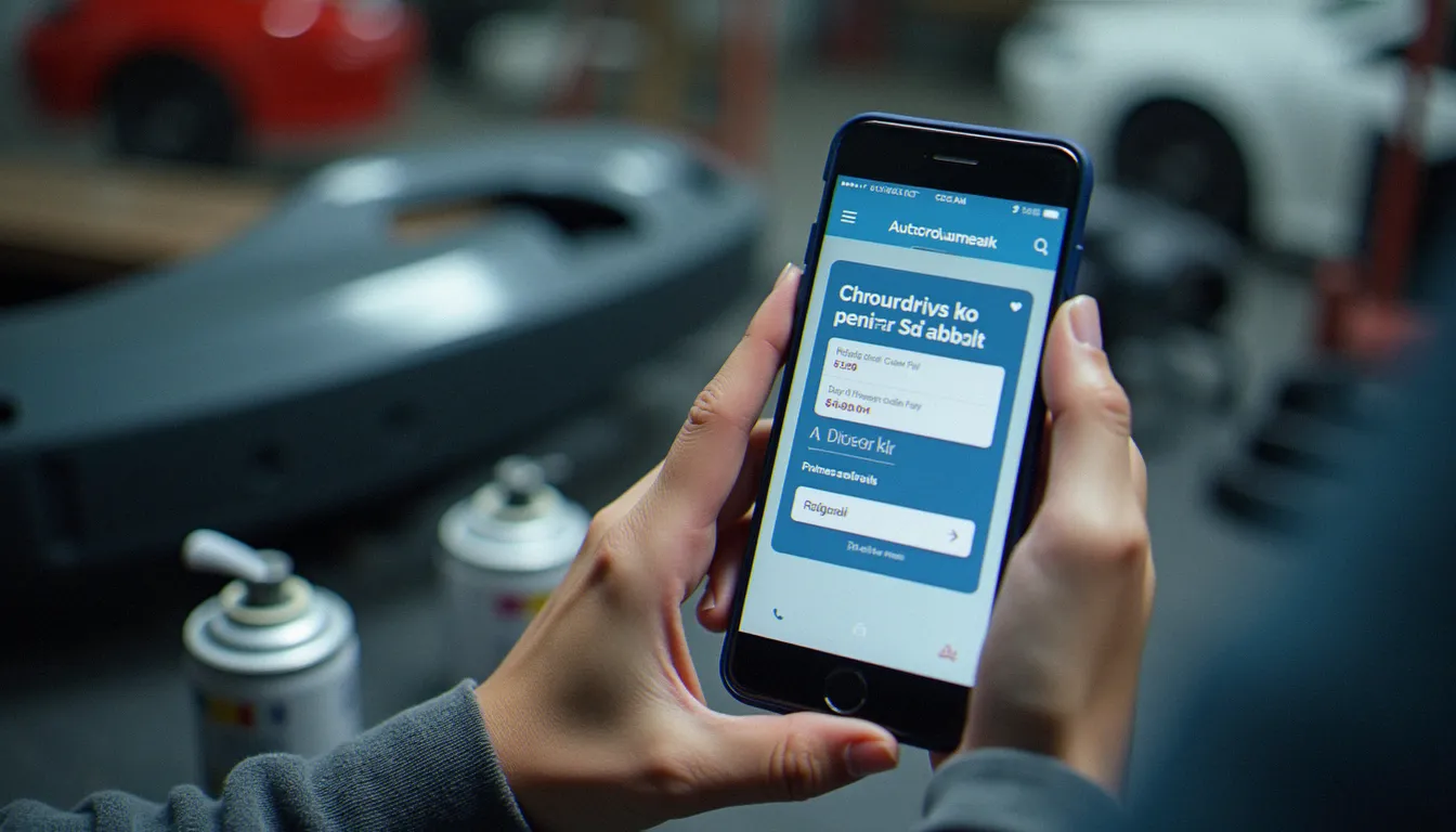 Smartphone affichant un code promo Mister Auto sur un établi de garage avec des pièces de carrosserie