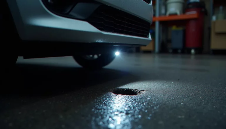 Pare-chocs compact inspecté à la lampe près d'un abyme profond dans la chaussée humide, illustration du diagnostic efficace auto abymes