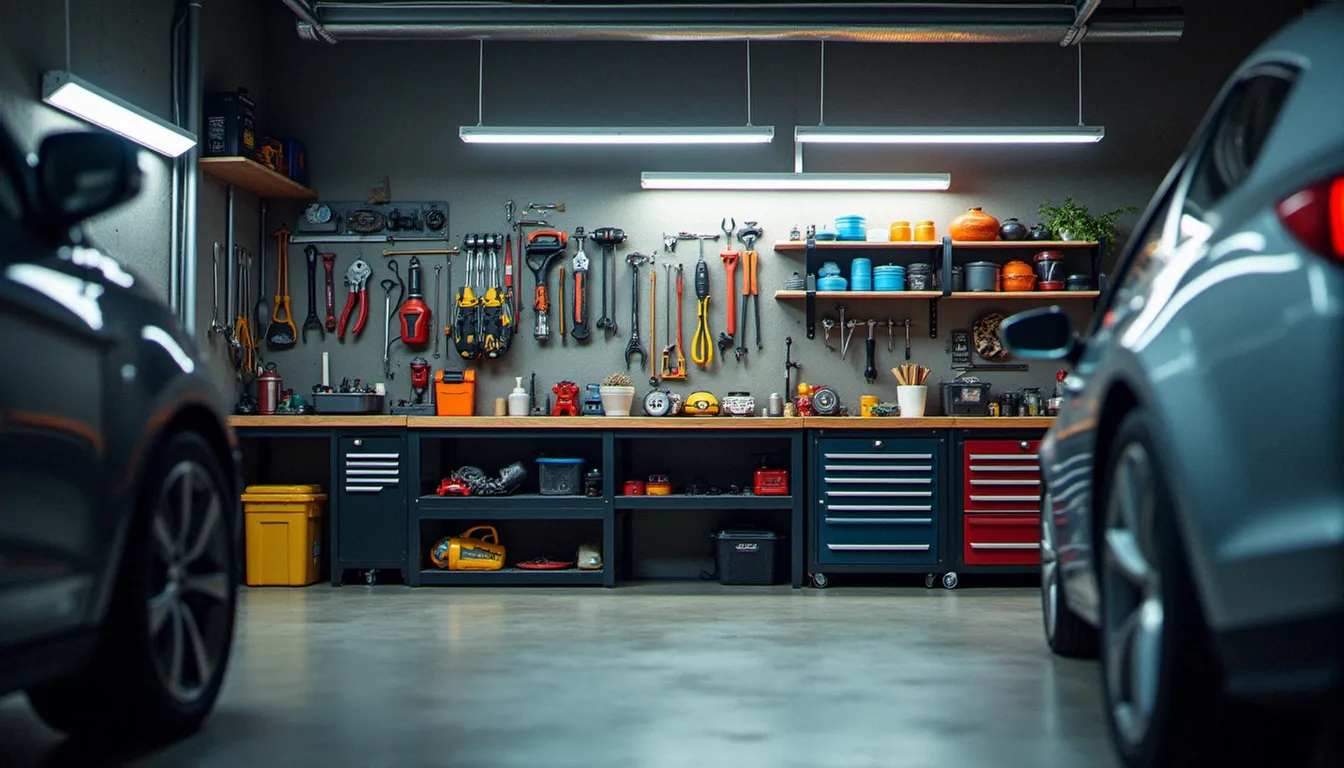 Garage auto efficace avec outils organisés sur supports muraux et établi bien éclairé