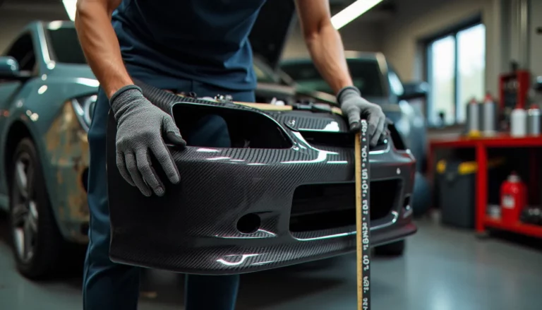 Un préparateur auto compare un pare-chocs en fibre carbone à la carrosserie d'une hatchback dans un atelier, illustrant l'utilisation d'un guide auto moto pour la compatibilité