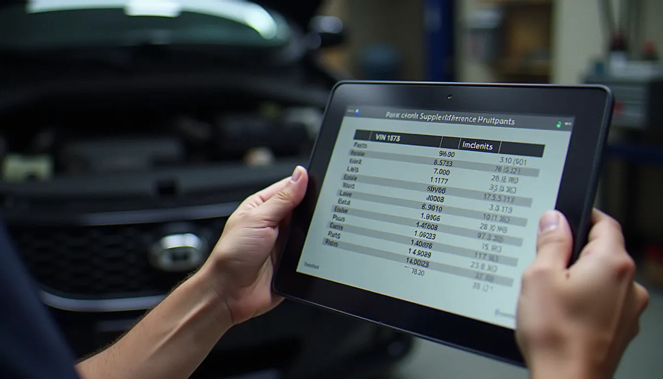 Main consultant la plaque VIN à côté d'une tablette listant les références croisées pour une recette auto pièces