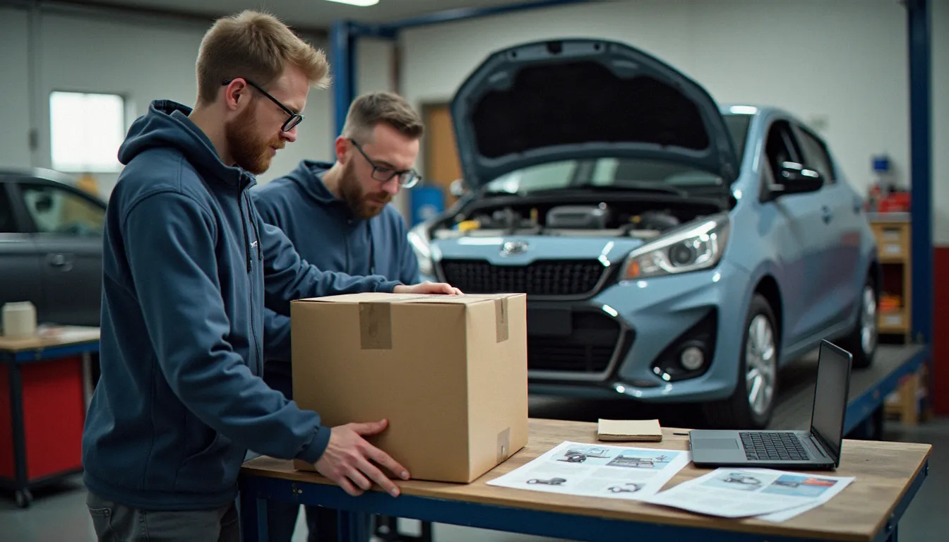 Passionné comparant un pare-chocs neuf à celui d'origine dans un garage, étape clé avant une commande type 1a auto