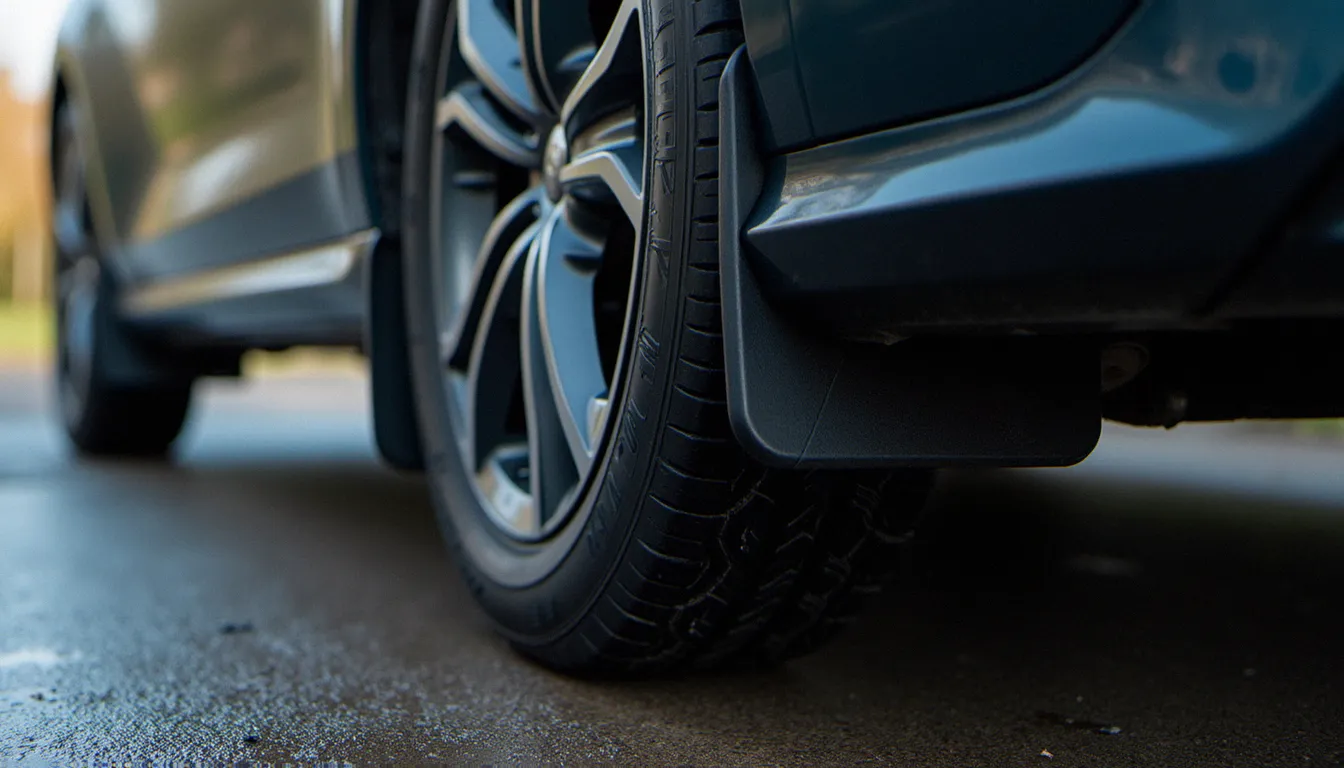 Vue rapprochée d'une roue de voiture protégée par un cache-boue.