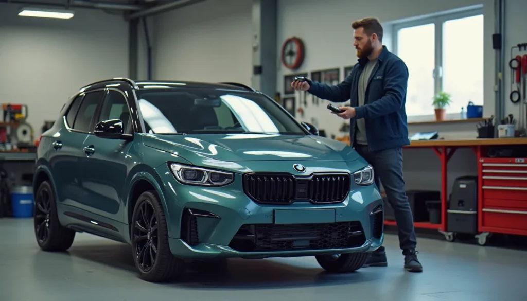 auto ici featured Passionné vérifiant un pare-chocs de kit carrosserie sur une voiture dans un garage, illustrant la recherche auto ici