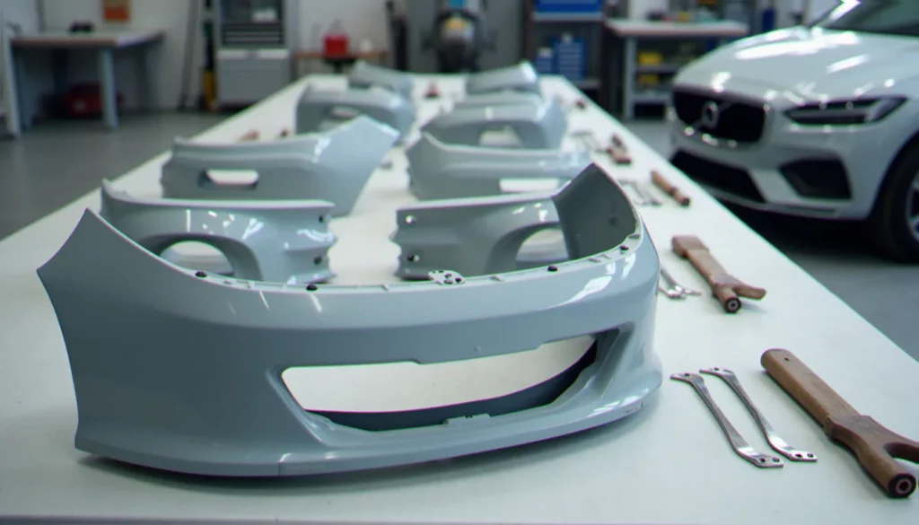 auto piece featured Pare-chocs en apprêt posé sur un établi d'atelier avec outils, illustrant le choix d'une auto piece de carrosserie
