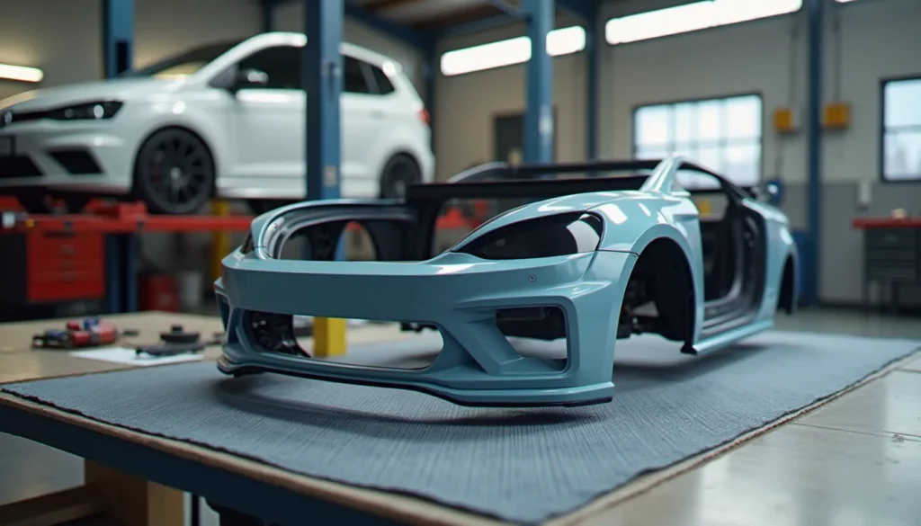 auto pieces featured Pare-chocs et aile apprêtés posés sur un établi dans un atelier, illustrant le choix des auto pieces de carrosserie