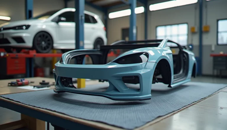 Pare-chocs et aile apprêtés posés sur un établi dans un atelier, illustrant le choix des auto pieces de carrosserie