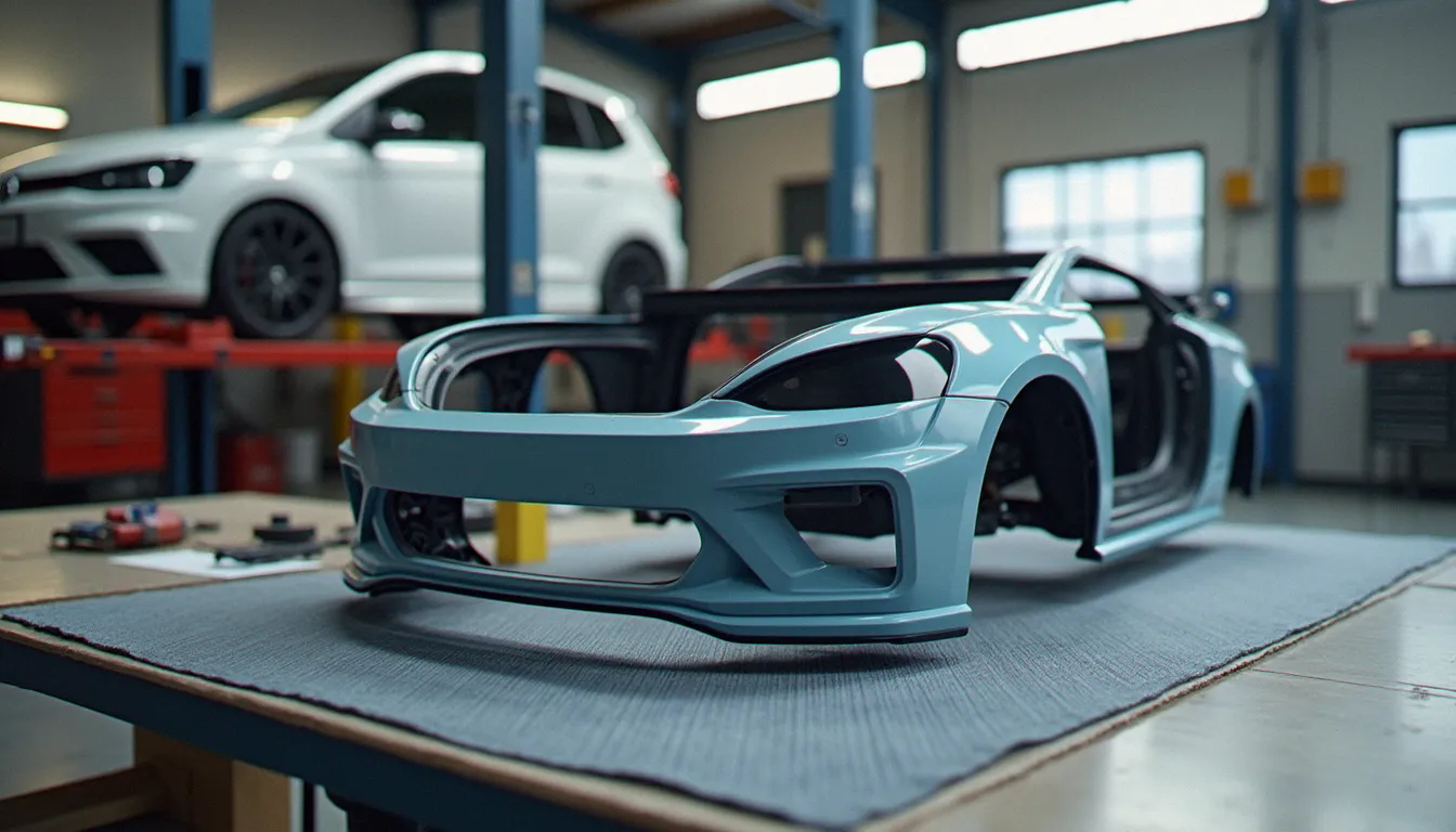 Pare-chocs et aile apprêtés posés sur un établi dans un atelier, illustrant le choix des auto pieces de carrosserie