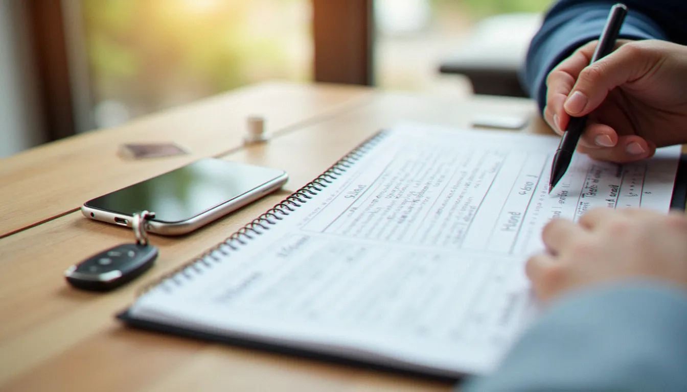 Carte grise, smartphone et bloc-notes posés sur une table pour préparer un appel au service client avant de commander une pièce