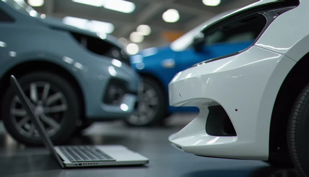 autodoc pro featured Pare-chocs avant apprêté posé sur un support dans un atelier de carrosserie, à côté d'une voiture dont l'ancien pare-chocs a été déposé, illustrant l'achat de pièces avec autodoc pro