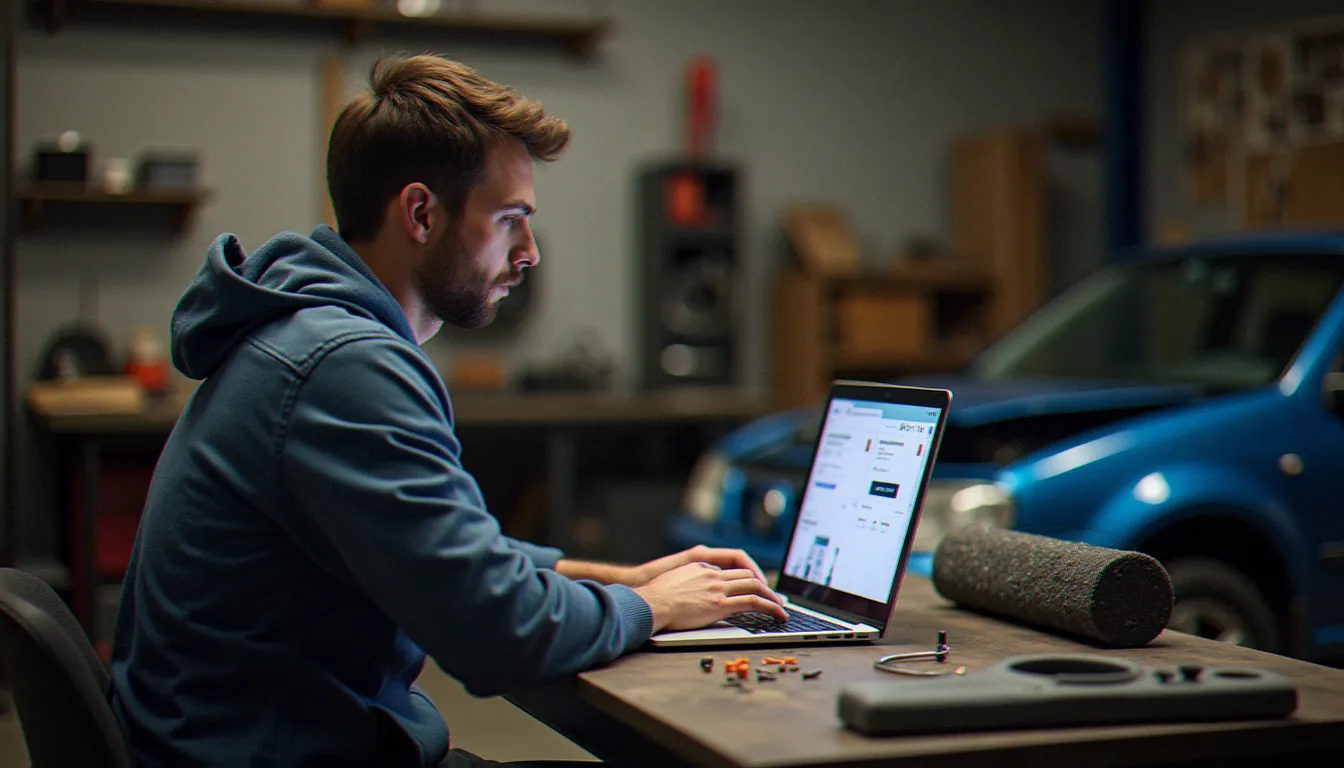 Un passionné prépare une commande de pièces de carrosserie sur son ordinateur, avec un pare-chocs neuf posé dans son garage, pour profiter d'un code promo auto doc