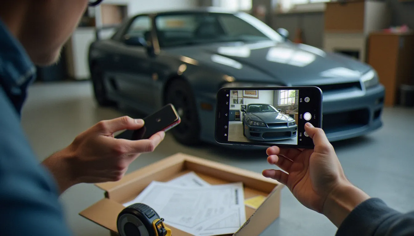 Photographie d'une pièce de carrosserie neuve au smartphone pour constituer un dossier de réclamation avant de contacter le service client