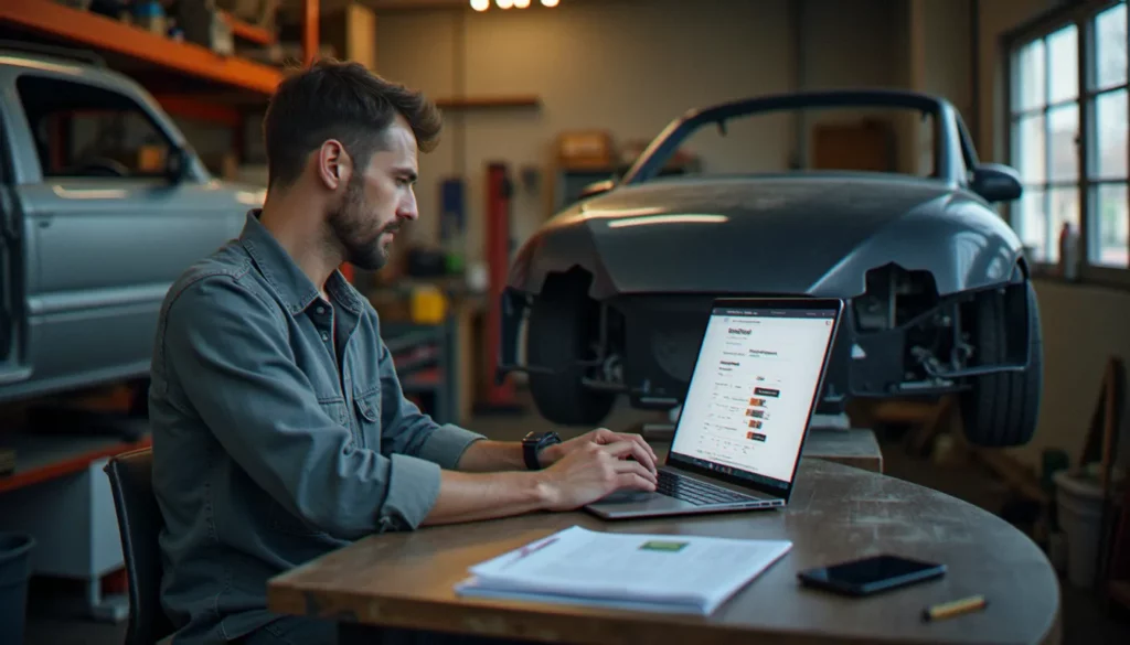 Un préparateur auto à son bureau d'atelier prépare sa démarche pour contacter Autodoc, avec un pare-chocs neuf posé contre le mur