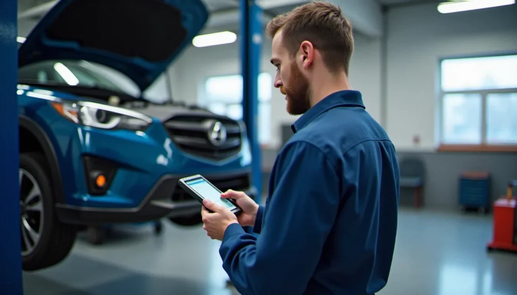 Mécanicien travaillant sur une voiture dans un garage moderne