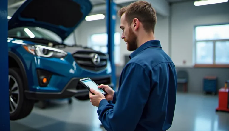Mécanicien travaillant sur une voiture dans un garage moderne